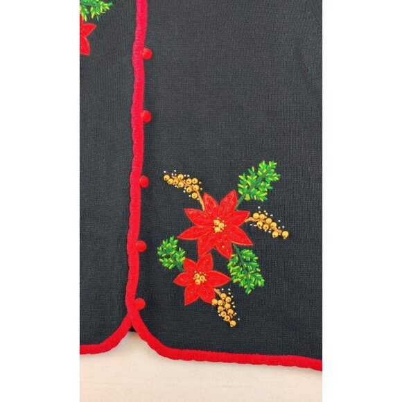 VTG 90s Christmas Sweater Cardigan L Design Originals Studio Joy Poinsettias - Picture 9 of 15